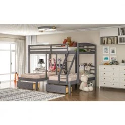 Gray L-shaped Full over Twin Bunk Beds with 2 Drawers, Wood Triple Kids Bunk Bed Frame with Ladder and Guardrails by ANBAZAR 17 Gray L-shaped Full over Twin Bunk Beds with 2 Drawers, Wood Triple Kids Bunk Bed Frame with Ladder and Guardrails by ANBAZAR -ANBAZAR Sales gray anbazar bunk beds 01083anna e 31 1000