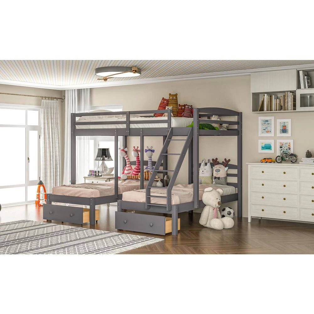 Gray L-shaped Full over Twin Bunk Beds with 2 Drawers, Wood Triple Kids Bunk Bed Frame with Ladder and Guardrails by ANBAZAR 9 Gray L-shaped Full over Twin Bunk Beds with 2 Drawers, Wood Triple Kids Bunk Bed Frame with Ladder and Guardrails by ANBAZAR - Image 9