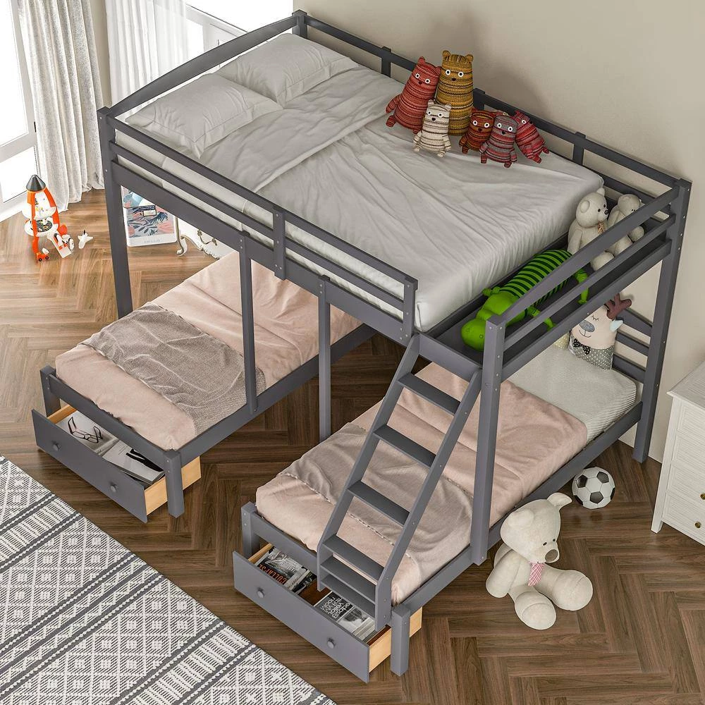 Gray L-shaped Full over Twin Bunk Beds with 2 Drawers, Wood Triple Kids Bunk Bed Frame with Ladder and Guardrails by ANBAZAR 4 Gray L-shaped Full over Twin Bunk Beds with 2 Drawers, Wood Triple Kids Bunk Bed Frame with Ladder and Guardrails by ANBAZAR - Image 4
