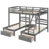 Gray L-shaped Full over Twin Bunk Beds with 2 Drawers, Wood Triple Kids Bunk Bed Frame with Ladder and Guardrails by ANBAZAR