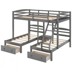 Gray L-shaped Full over Twin Bunk Beds with 2 Drawers, Wood Triple Kids Bunk Bed Frame with Ladder and Guardrails by ANBAZAR