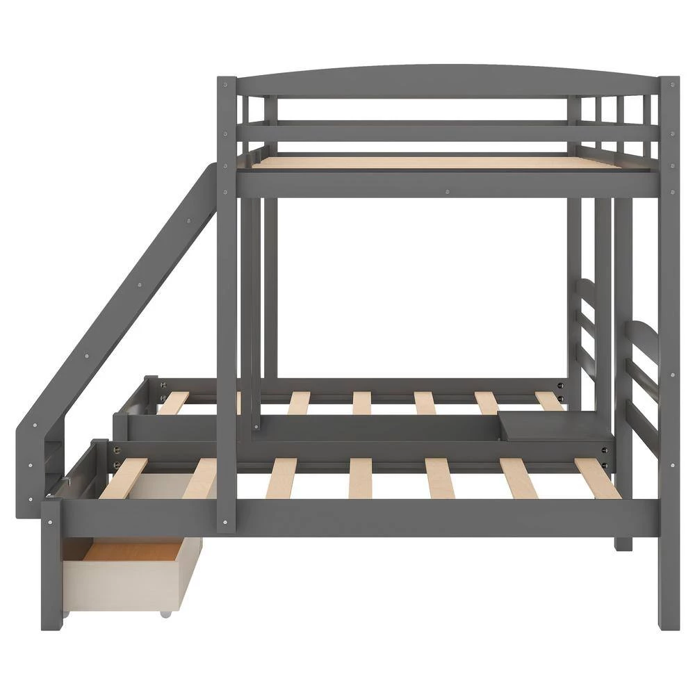 Gray L-shaped Full over Twin Bunk Beds with 2 Drawers, Wood Triple Kids Bunk Bed Frame with Ladder and Guardrails by ANBAZAR 8 Gray L-shaped Full over Twin Bunk Beds with 2 Drawers, Wood Triple Kids Bunk Bed Frame with Ladder and Guardrails by ANBAZAR - Image 8