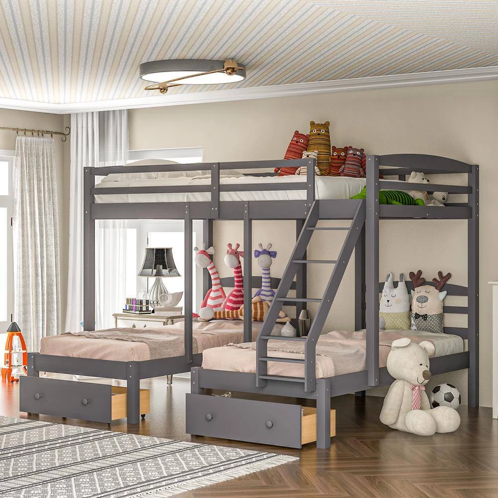 Gray L-shaped Full over Twin Bunk Beds with 2 Drawers, Wood Triple Kids Bunk Bed Frame with Ladder and Guardrails by ANBAZAR 3 Gray L-shaped Full over Twin Bunk Beds with 2 Drawers, Wood Triple Kids Bunk Bed Frame with Ladder and Guardrails by ANBAZAR - Image 3