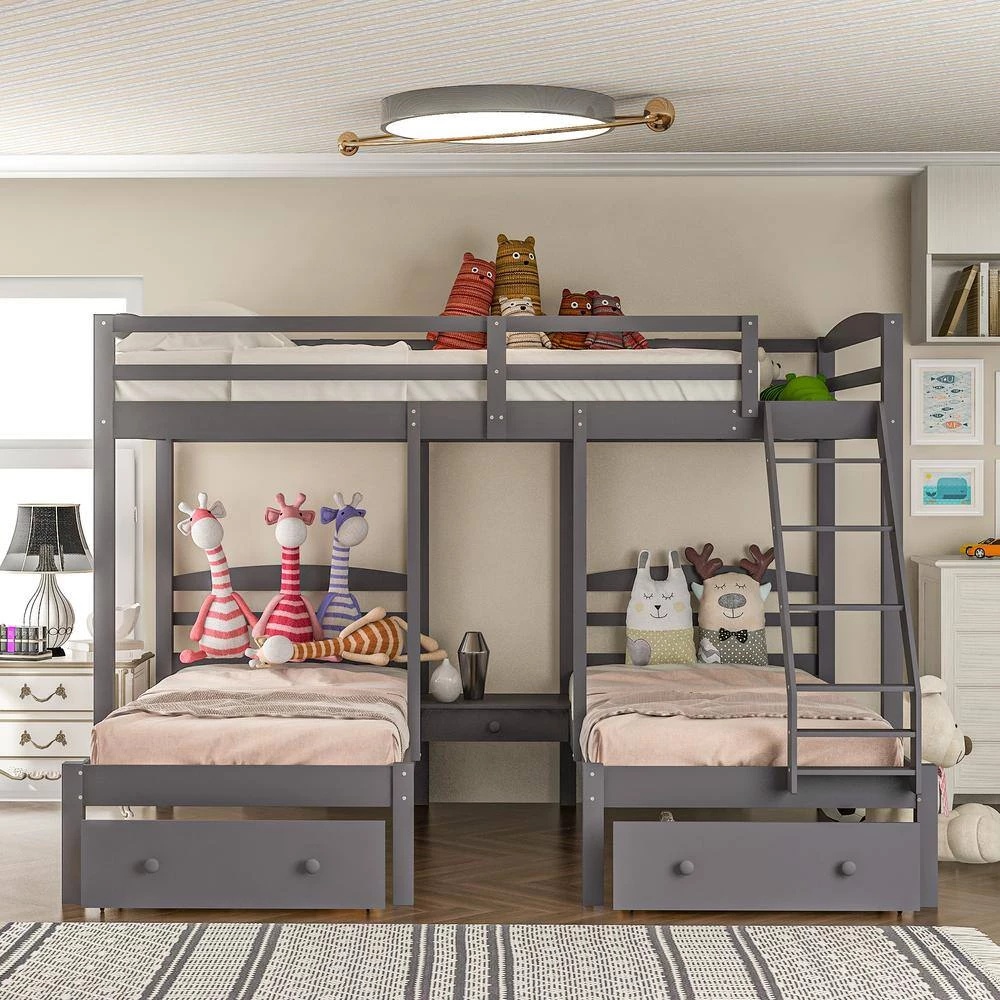 Gray L-shaped Full over Twin Bunk Beds with 2 Drawers, Wood Triple Kids Bunk Bed Frame with Ladder and Guardrails by ANBAZAR 2 Gray L-shaped Full over Twin Bunk Beds with 2 Drawers, Wood Triple Kids Bunk Bed Frame with Ladder and Guardrails by ANBAZAR - Image 2