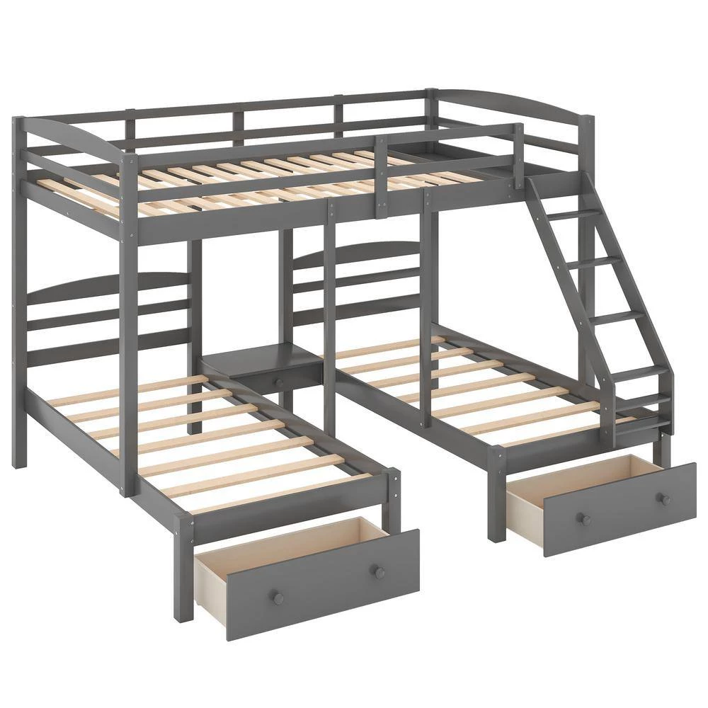 Gray L-shaped Full over Twin Bunk Beds with 2 Drawers, Wood Triple Kids Bunk Bed Frame with Ladder and Guardrails by ANBAZAR 7 Gray L-shaped Full over Twin Bunk Beds with 2 Drawers, Wood Triple Kids Bunk Bed Frame with Ladder and Guardrails by ANBAZAR - Image 7