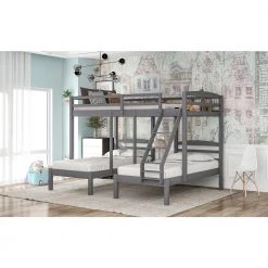 Gray L-shaped Full over Twin Bunk Beds with Ladder and Guardrails, Wood Triple Kids Bunk Bed Frame by ANBAZAR -ANBAZAR Sales gray anbazar bunk beds 01084anna e 31 1000