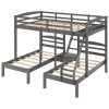 Gray L-shaped Full over Twin Bunk Beds with Ladder and Guardrails, Wood Triple Kids Bunk Bed Frame by ANBAZAR