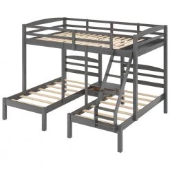 Gray L-shaped Full over Twin Bunk Beds with Ladder and Guardrails, Wood Triple Kids Bunk Bed Frame by ANBAZAR