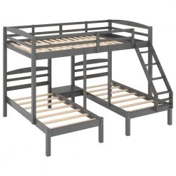 Gray L-shaped Full over Twin Bunk Beds with Ladder and Guardrails, Wood Triple Kids Bunk Bed Frame by ANBAZAR -ANBAZAR Sales gray anbazar bunk beds 01084anna e fa 1000