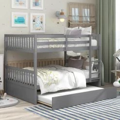 Gray Convertible Full Bunk Bed with Twin Size Pull-Out Trundle, Sturdy Wood Full Bunk Bed Frame for 2 Kids by ANBAZAR