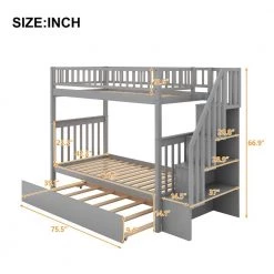 Gray Multi-functional Twin Size Bunk Beds With Book Shelves, Wood Bunk Bed Frame with Trundle and Stairways for Kids by ANBAZAR -ANBAZAR Sales gray anbazar bunk beds 01724anna e 1f 1000