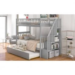 Gray Multi-functional Twin Size Bunk Beds With Book Shelves, Wood Bunk Bed Frame with Trundle and Stairways for Kids by ANBAZAR -ANBAZAR Sales gray anbazar bunk beds 01724anna e 31 1000