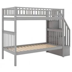 Gray Multi-functional Twin Size Bunk Beds With Book Shelves, Wood Bunk Bed Frame with Trundle and Stairways for Kids by ANBAZAR -ANBAZAR Sales gray anbazar bunk beds 01724anna e 44 1000