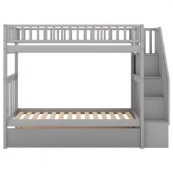 Gray Multi-functional Twin Size Bunk Beds With Book Shelves, Wood Bunk Bed Frame with Trundle and Stairways for Kids by ANBAZAR -ANBAZAR Sales gray anbazar bunk beds 01724anna e 4f 1000