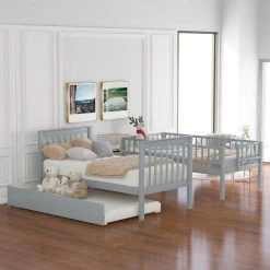 Gray Multi-functional Twin Size Bunk Beds With Book Shelves, Wood Bunk Bed Frame with Trundle and Stairways for Kids by ANBAZAR