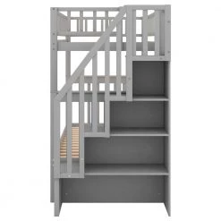 Gray Multi-functional Twin Size Bunk Beds With Book Shelves, Wood Bunk Bed Frame with Trundle and Stairways for Kids by ANBAZAR -ANBAZAR Sales gray anbazar bunk beds 01724anna e 76 1000