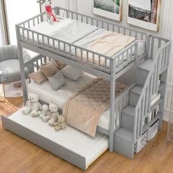 Gray Multi-functional Twin Size Bunk Beds With Book Shelves, Wood Bunk Bed Frame with Trundle and Stairways for Kids by ANBAZAR -ANBAZAR Sales gray anbazar bunk beds 01724anna e c3 1000