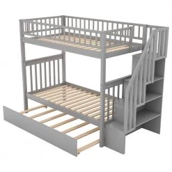 Gray Multi-functional Twin Size Bunk Beds With Book Shelves, Wood Bunk Bed Frame with Trundle and Stairways for Kids by ANBAZAR -ANBAZAR Sales gray anbazar bunk beds 01724anna e fa 1000
