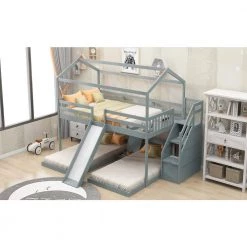 Gray Wood Triple Bunk Bed Full Over Twin & Twin Bunk Beds with Staircase, Kids House Bunk Bed with Drawer and Slide by ANBAZAR -ANBAZAR Sales gray anbazar bunk beds 01757anna e 31 1000