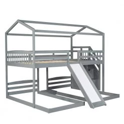 Gray Wood Triple Bunk Bed Full Over Twin & Twin Bunk Beds with Staircase, Kids House Bunk Bed with Drawer and Slide by ANBAZAR -ANBAZAR Sales gray anbazar bunk beds 01757anna e 44 1000
