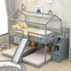 Gray Wood Triple Bunk Bed Full Over Twin & Twin Bunk Beds with Staircase, Kids House Bunk Bed with Drawer and Slide by ANBAZAR