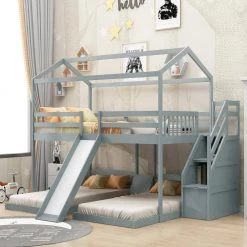 Gray Wood Triple Bunk Bed Full Over Twin & Twin Bunk Beds with Staircase, Kids House Bunk Bed with Drawer and Slide by ANBAZAR -ANBAZAR Sales gray anbazar bunk beds 01757anna e c3 1000