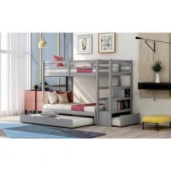 Gray Twin Over King Kids Bunk Bed with Trundle and Storage Drawers, Twin Size Wood Bunk Bed Frame with Pull-Out Trundle by ANBAZAR -ANBAZAR Sales gray anbazar bunk beds 01784anna e 31 1000