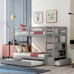 Gray Twin Over King Kids Bunk Bed with Trundle and Storage Drawers, Twin Size Wood Bunk Bed Frame with Pull-Out Trundle by ANBAZAR