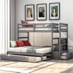 Gray Twin Over King Kids Bunk Bed with Trundle and Storage Drawers, Twin Size Wood Bunk Bed Frame with Pull-Out Trundle by ANBAZAR -ANBAZAR Sales gray anbazar bunk beds 01784anna e c3 1000