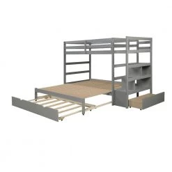 Gray Twin Over King Kids Bunk Bed with Trundle and Storage Drawers, Twin Size Wood Bunk Bed Frame with Pull-Out Trundle by ANBAZAR -ANBAZAR Sales gray anbazar bunk beds 01784anna e fa 1000