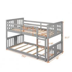 Gray Twin Low Floor Bunk Bed with Ladder, Twin Size Kids Wooden Bunk Bed Frame with Guardrail and Slats by ANBAZAR -ANBAZAR Sales gray anbazar bunk beds 01791anna e 1f 1000