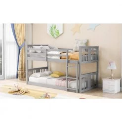 Gray Twin Low Floor Bunk Bed with Ladder, Twin Size Kids Wooden Bunk Bed Frame with Guardrail and Slats by ANBAZAR -ANBAZAR Sales gray anbazar bunk beds 01791anna e 31 1000