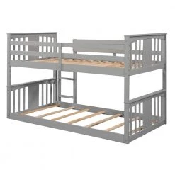 Gray Twin Low Floor Bunk Bed with Ladder, Twin Size Kids Wooden Bunk Bed Frame with Guardrail and Slats by ANBAZAR -ANBAZAR Sales gray anbazar bunk beds 01791anna e 4f 1000