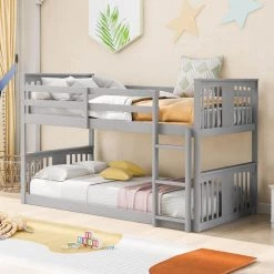 Gray Twin Low Floor Bunk Bed with Ladder, Twin Size Kids Wooden Bunk Bed Frame with Guardrail and Slats by ANBAZAR
