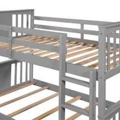 Gray Twin Low Floor Bunk Bed with Ladder, Twin Size Kids Wooden Bunk Bed Frame with Guardrail and Slats by ANBAZAR -ANBAZAR Sales gray anbazar bunk beds 01791anna e 76 1000