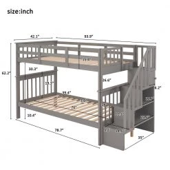 Gray Twin Bunk Bed with Stairway, Wooden Bunk Beds with Storage Shelf and Guard Rail, Wood Kids Bunk Bed Frame by ANBAZAR -ANBAZAR Sales gray anbazar bunk beds 01795anna e 1f 1000