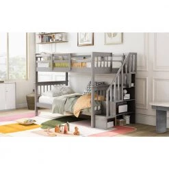 Gray Twin Bunk Bed with Stairway, Wooden Bunk Beds with Storage Shelf and Guard Rail, Wood Kids Bunk Bed Frame by ANBAZAR -ANBAZAR Sales gray anbazar bunk beds 01795anna e 31 1000