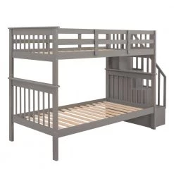 Gray Twin Bunk Bed with Stairway, Wooden Bunk Beds with Storage Shelf and Guard Rail, Wood Kids Bunk Bed Frame by ANBAZAR -ANBAZAR Sales gray anbazar bunk beds 01795anna e 44 1000