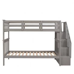Gray Twin Bunk Bed with Stairway, Wooden Bunk Beds with Storage Shelf and Guard Rail, Wood Kids Bunk Bed Frame by ANBAZAR -ANBAZAR Sales gray anbazar bunk beds 01795anna e 4f 1000