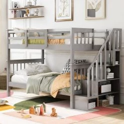 Gray Twin Bunk Bed with Stairway, Wooden Bunk Beds with Storage Shelf and Guard Rail, Wood Kids Bunk Bed Frame by ANBAZAR -ANBAZAR Sales gray anbazar bunk beds 01795anna e c3 1000