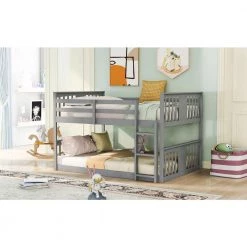 Gray Full Wood Bunk Bed Frame with Ladder and Guardrail, Full Floor Kids Bunk bed with Headboard and Footboard by ANBAZAR -ANBAZAR Sales gray anbazar bunk beds 01800anna e 31 1000