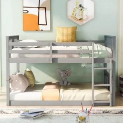 Gray Full Wood Bunk Bed Frame with Ladder and Guardrail, Full Floor Kids Bunk bed with Headboard and Footboard by ANBAZAR