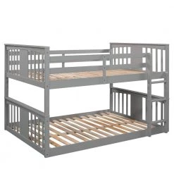Gray Full Wood Bunk Bed Frame with Ladder and Guardrail, Full Floor Kids Bunk bed with Headboard and Footboard by ANBAZAR -ANBAZAR Sales gray anbazar bunk beds 01800anna e fa 1000