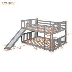 Gray Full Kids Bunk Bed with Slide and Ladder, Solid Wood Floor Bunk Bed Frame with Headboard and Footbaord by ANBAZAR -ANBAZAR Sales gray anbazar bunk beds 01802anna e 1f 1000