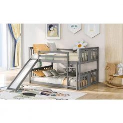 Gray Full Kids Bunk Bed with Slide and Ladder, Solid Wood Floor Bunk Bed Frame with Headboard and Footbaord by ANBAZAR -ANBAZAR Sales gray anbazar bunk beds 01802anna e 31 1000