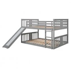 Gray Full Kids Bunk Bed with Slide and Ladder, Solid Wood Floor Bunk Bed Frame with Headboard and Footbaord by ANBAZAR -ANBAZAR Sales gray anbazar bunk beds 01802anna e 4f 1000