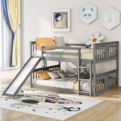 Gray Full Kids Bunk Bed with Slide and Ladder, Solid Wood Floor Bunk Bed Frame with Headboard and Footbaord by ANBAZAR