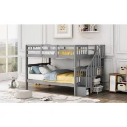 Gray Full Size Stairway Bunk Bed with Bookshelves and Guard Rail, Detachable Wood Kids Bunk Bed Frame with Staircases by ANBAZAR -ANBAZAR Sales gray anbazar bunk beds 01845anna e 31 1000