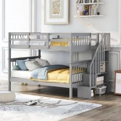 Gray Full Size Stairway Bunk Bed with Bookshelves and Guard Rail, Detachable Wood Kids Bunk Bed Frame with Staircases by ANBAZAR