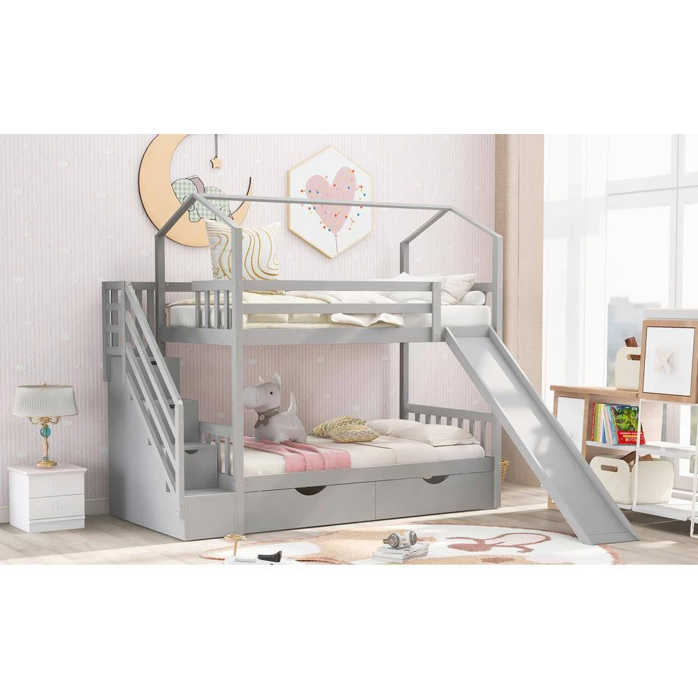 Gray Twin Kids Bunk Bed with Slide and Staircases, Wood Playhouse Bunk Bed Frame with Steps and 2 Drawers by ANBAZAR 9 Gray Twin Kids Bunk Bed with Slide and Staircases, Wood Playhouse Bunk Bed Frame with Steps and 2 Drawers by ANBAZAR - Image 9